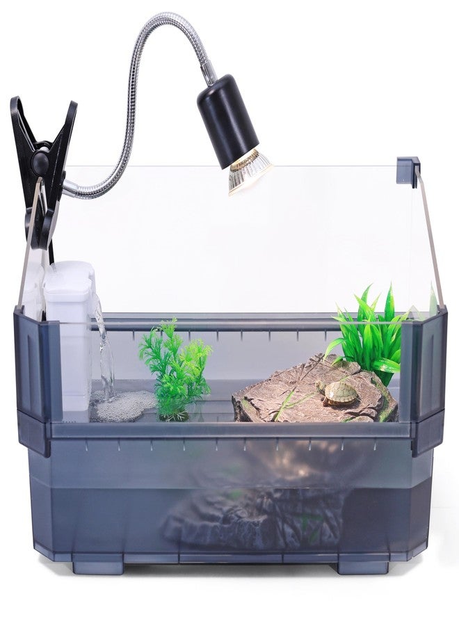 HYPESIDE Small Turtle Tank Kit for Aquatic Turtles - Complete Starter Habitat with Filter, UVB Lamp, Basking Platform, Plants - Turtle Aquarium Kit (Black) - Image 1
